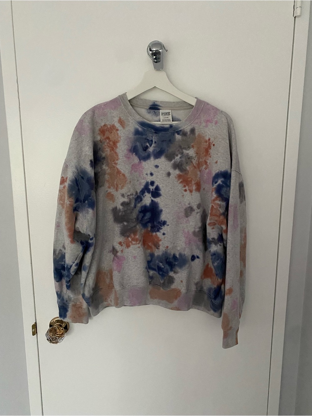 PINK Victoria's Secret Gray Tie-Dye Crewneck with Blue, Orange & Pink Accents